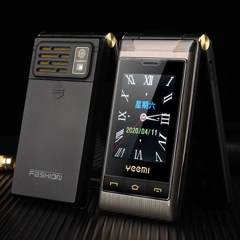 Mumzar dual SIM flip phone for seniors metal clamshell with touchscreen clock display and rear camera