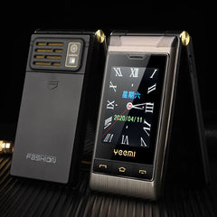 Mumzar dual SIM flip phone for seniors metal clamshell with touchscreen clock display and rear camera