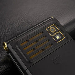Mumzar black flip phone back showing camera and speaker grill dual SIM flip phone for seniors for clear audio