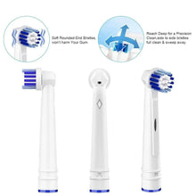 Replacement toothbrush heads with blue bristles and soft-rounded tips on white bases