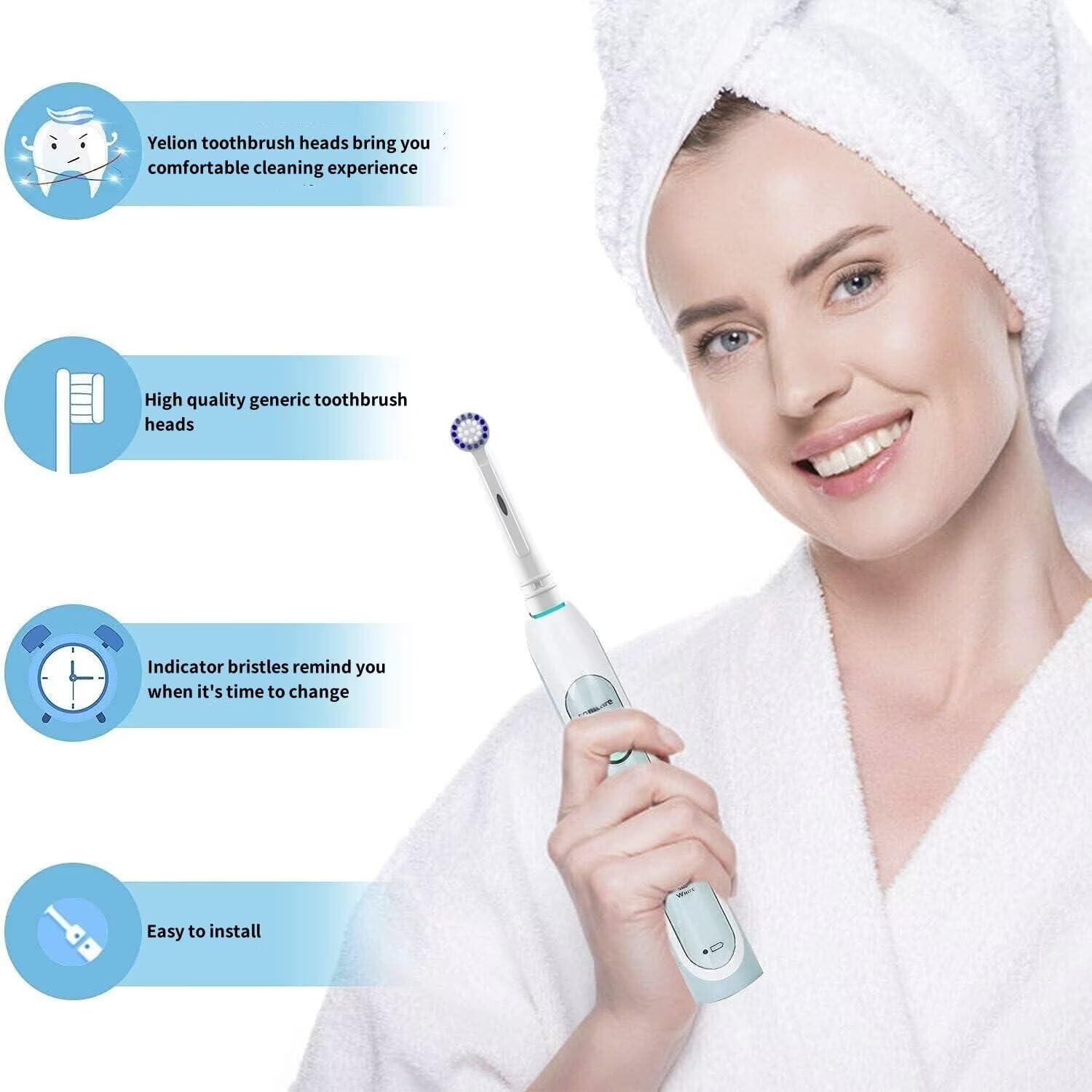 Voguish woman in towel holding electric toothbrush with replacement toothbrush heads for Oral B and indicator bristles