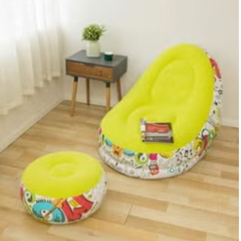 Huitich yellow graffiti bean bag chair with matching ottoman in a bright modern room