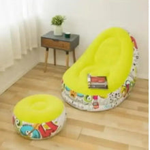 Yellow bean bag chair set with graffiti-pattern covers, chair with small ottoman