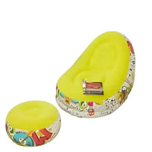 Yellow bean bag chair set with graffiti-pattern cover and matching ottoman