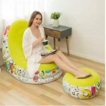 Yellow bean bag lounge chair with graffiti-pattern cover plus matching ottoman