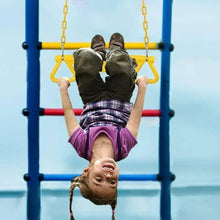 Yellow ring bar swing set with chains; hands gripping the side handles