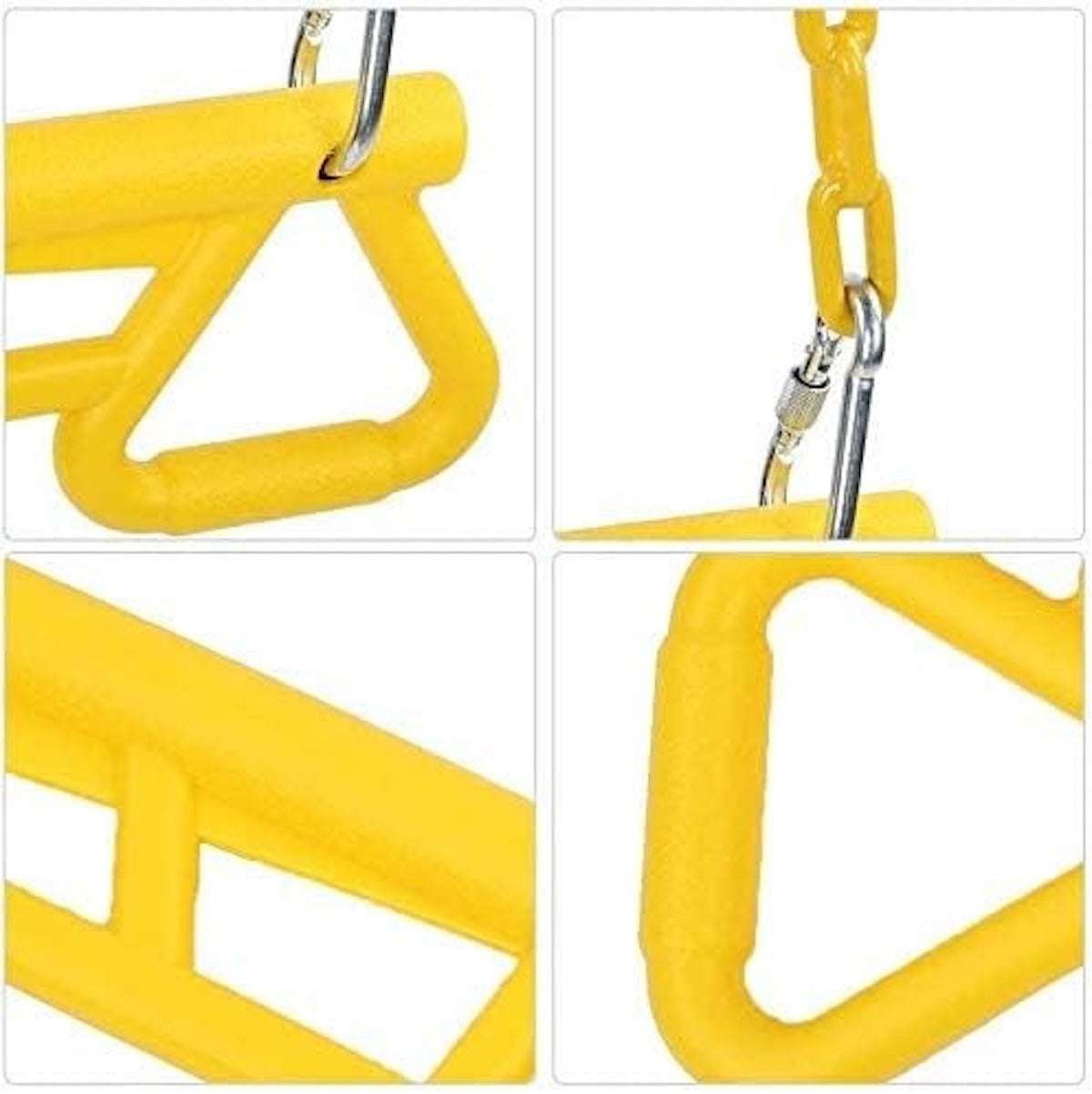 Close-up of a yellow park gym ring bar with sturdy chain connections for playground fun