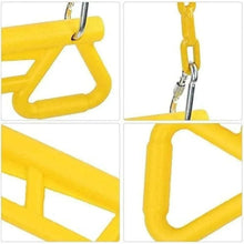 Yellow ring bar handle close-up with metal hook and chain attachment