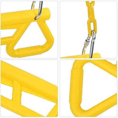 Close-up of a yellow park gym ring bar with sturdy chain connections for playground fun