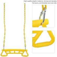 Yellow ring bar with hanging chains and metal hooks, curved side foot loops