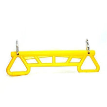 Yellow ring bar swing set with side grips, metal hooks, and chain suspension