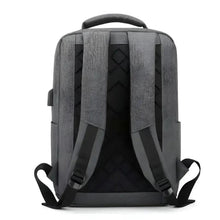 Gray travel backpack with padded back panel, adjustable shoulder straps, and top handle.