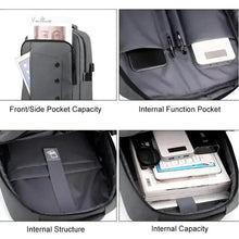 Backpack interior showing zip pocket and flat organizer compartment for charging.