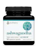 Youtheory ashwagandha supplement bottle with 60 vegetarian capsules label