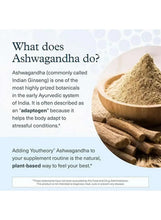 Ashwagandha root powder with spoon on information card about what it does