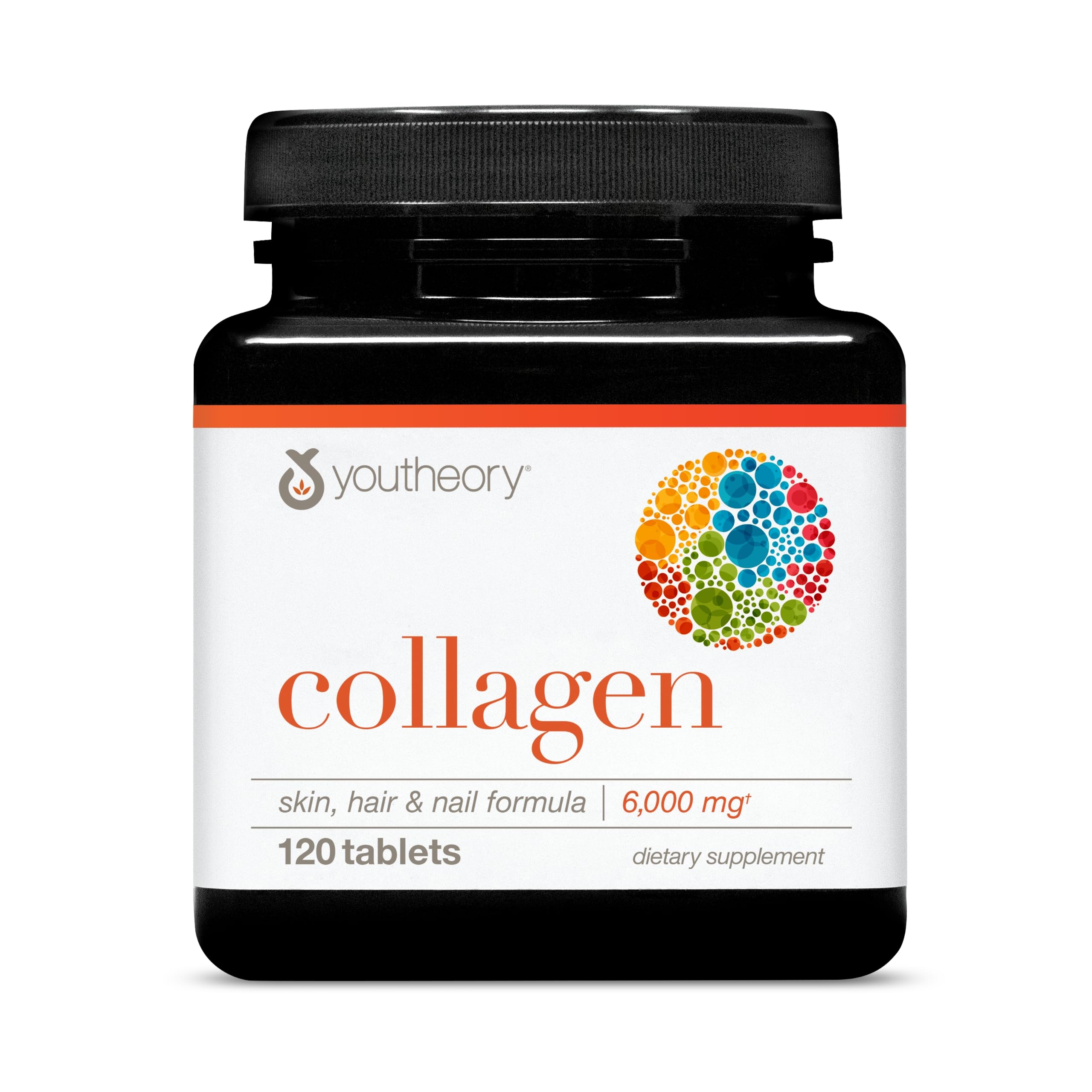 Youtheory jar of collagen supplements for hair skin and nails 120 tablets 6000 mg dietary supplement