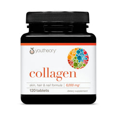 Youtheory jar of collagen supplements for hair skin and nails 120 tablets 6000 mg dietary supplement