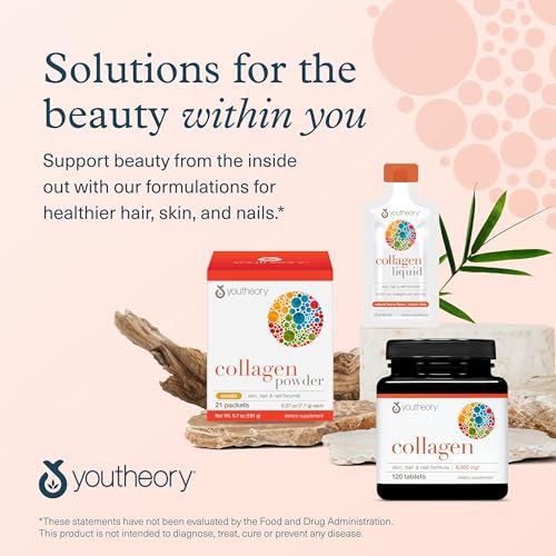 Youtheory collagen supplements for hair skin and nails display with powder box liquid bottle and capsule jar
