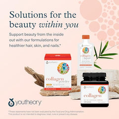 Youtheory collagen supplements for hair skin and nails display with powder box liquid bottle and capsule jar