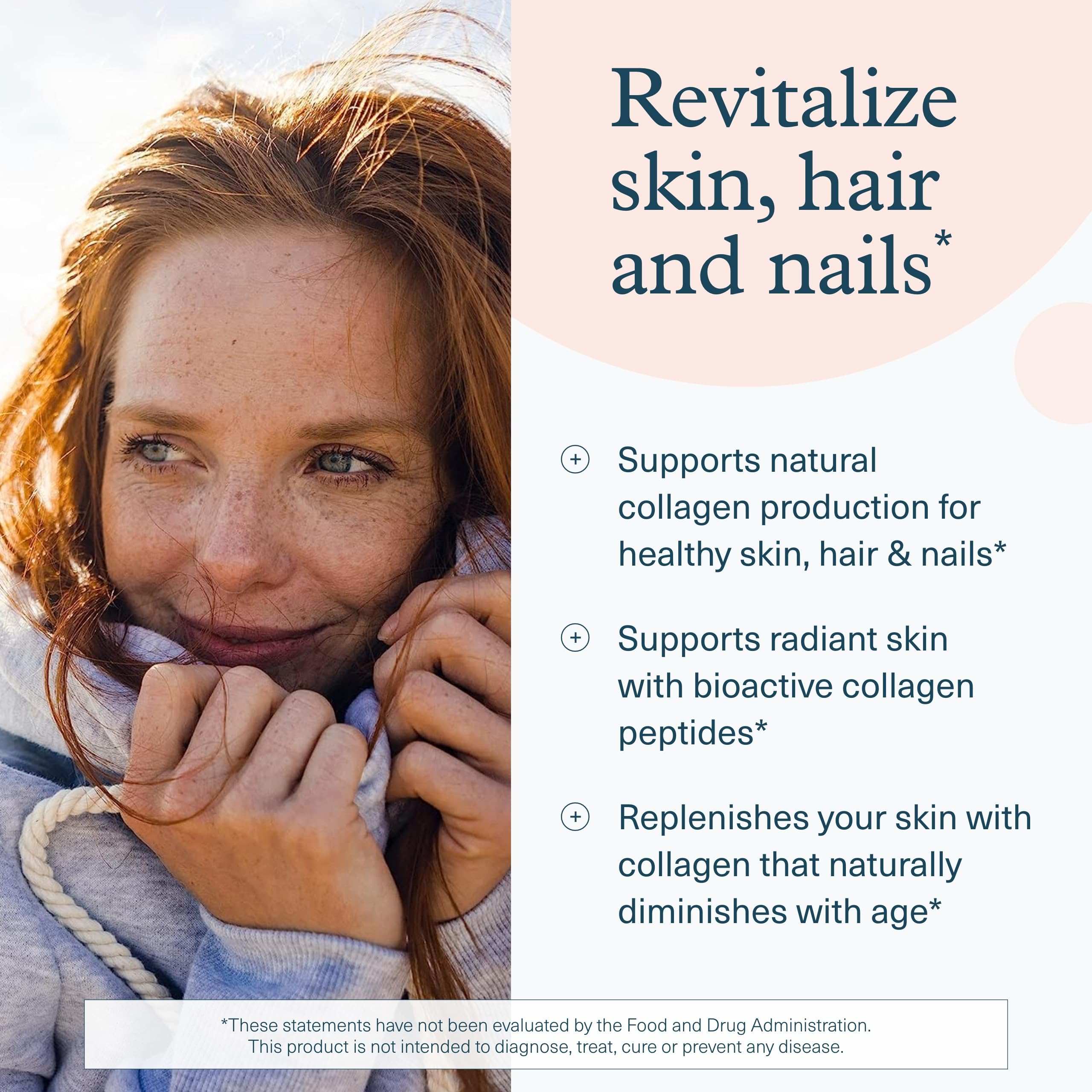 Youtheory ad with smiling redheaded woman and product benefits text for collagen supplements for hair skin and nails