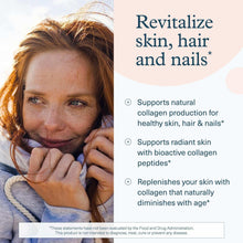 Collagen supplement benefits panel with woman portrait and skin, hair and nails text