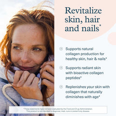 Youtheory ad with smiling redheaded woman and product benefits text for collagen supplements for hair skin and nails