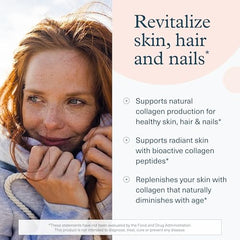 Youtheory ad with smiling woman and product benefits promoting collagen supplements for hair skin and nails