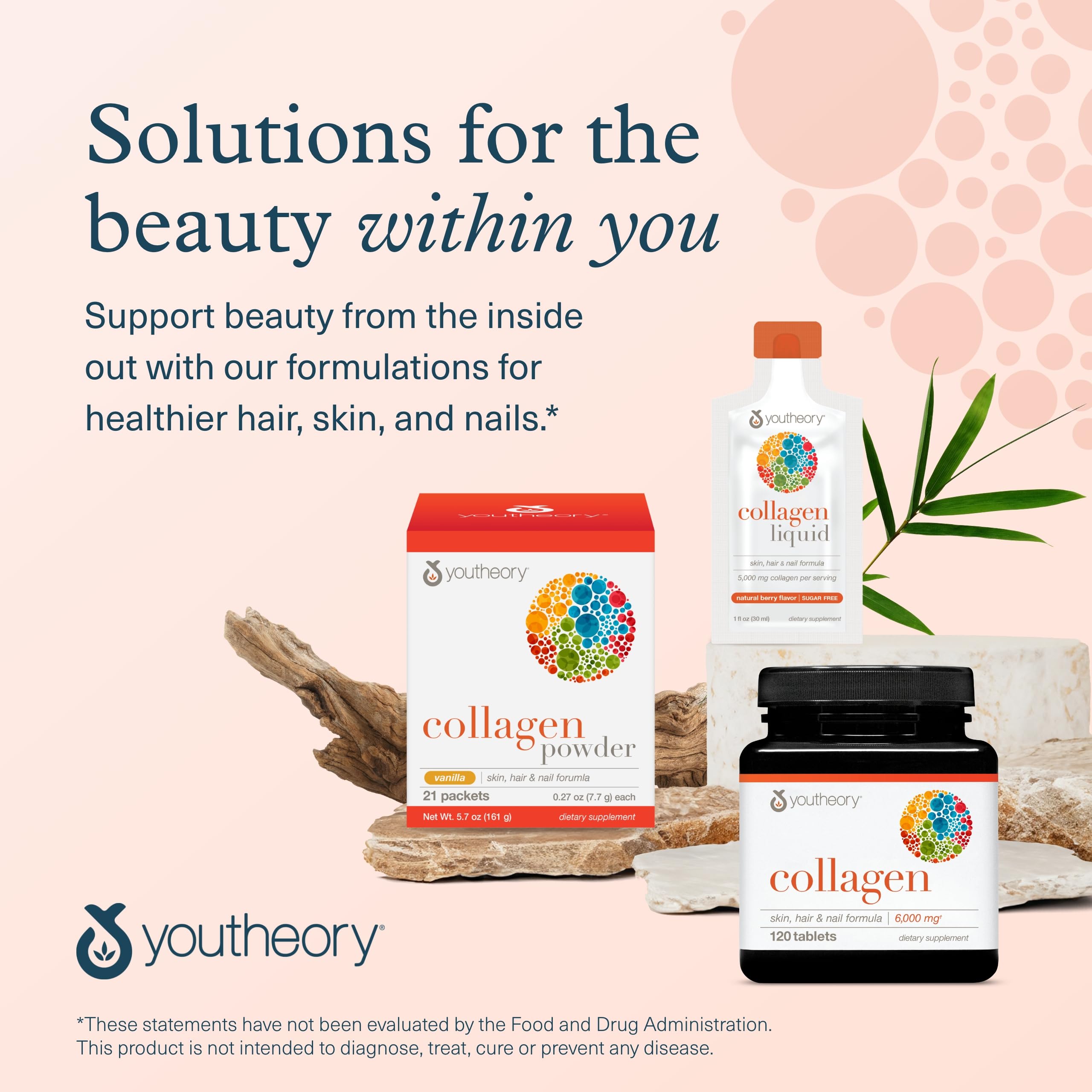Youtheory collagen product trio with powder liquid and tablets on display promoting collagen supplements for hair skin and nails