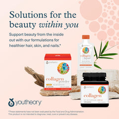 Youtheory collagen product trio with powder liquid and tablets on display promoting collagen supplements for hair skin and nails