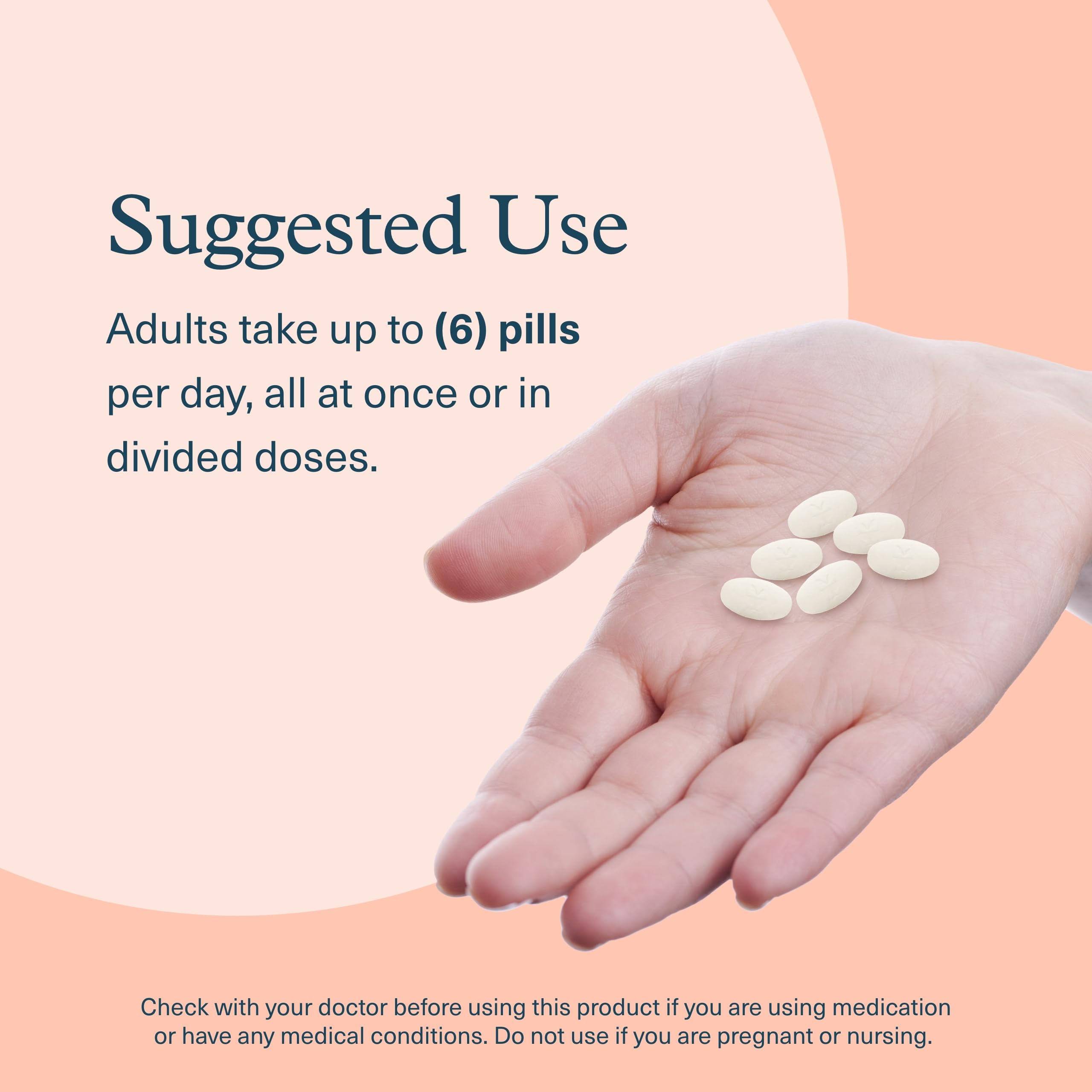 Youtheory suggested use image of a hand holding six tablets showing dosage for collagen supplements for hair skin and nails