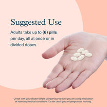 Collagen supplement tablets resting in palm, with suggested use