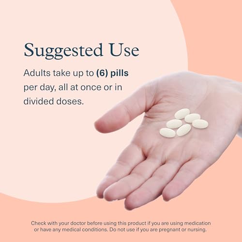 Youtheory hand holding six white pills next to suggested use text for collagen supplements for hair skin and nails