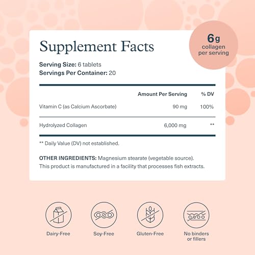 Supplement facts showing 6 grams collagen per serving and gluten free label collagen supplements for hair skin and nails