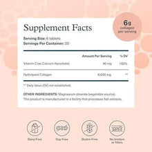 Supplement Facts panel showing 6g collagen per serving and ingredients list