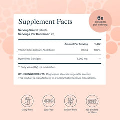 Supplement facts showing 6 grams collagen per serving and gluten free label collagen supplements for hair skin and nails