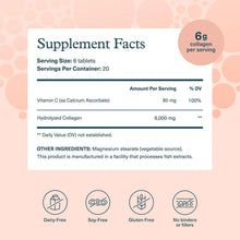 Supplement Facts for collagen tablets showing serving size and 6,000 mg hydrolyzed collagen