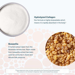 Youtheory joint support with turmeric and boswellia container showing hydrolyzed collagen powder and boswellia resin close up