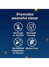 Melatonin sleep gummies benefits panel with icons: non-habit, gluten free, no alcohol