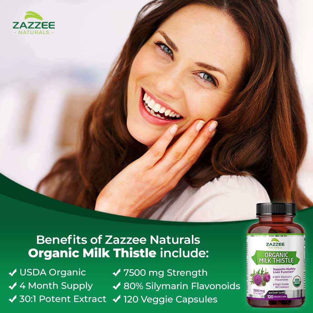 Zazzee Naturals ad with smiling woman and bottle of organic milk thistle capsules showing benefits