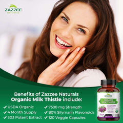 Zazzee Naturals ad with smiling woman and bottle of organic milk thistle capsules showing benefits