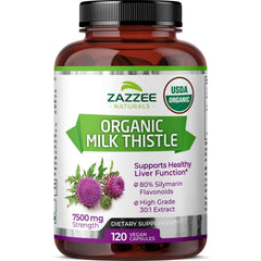 Zazzee organic milk thistle capsules 120 vegan bottle 7500 mg USDA Organic label showing thistle image