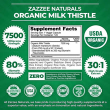 Organic milk thistle supplement facts panel showing 7500 mg strength and 80% silymarin