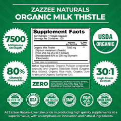 Zazzee Naturals organic milk thistle capsules label showing supplement facts 7500 mg 80 percent silymarin USDA Organic
