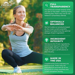 Zazzee Naturals woman stretching outdoors beside green panel listing benefits for organic milk thistle capsules