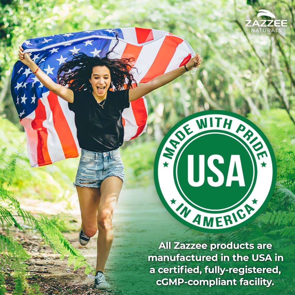 Smiling woman running in forest with American flag and USA badge promoting Zazzee Naturals organic milk thistle capsules