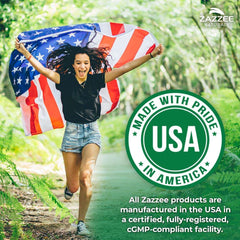 Smiling woman running in forest with American flag and USA badge promoting Zazzee Naturals organic milk thistle capsules