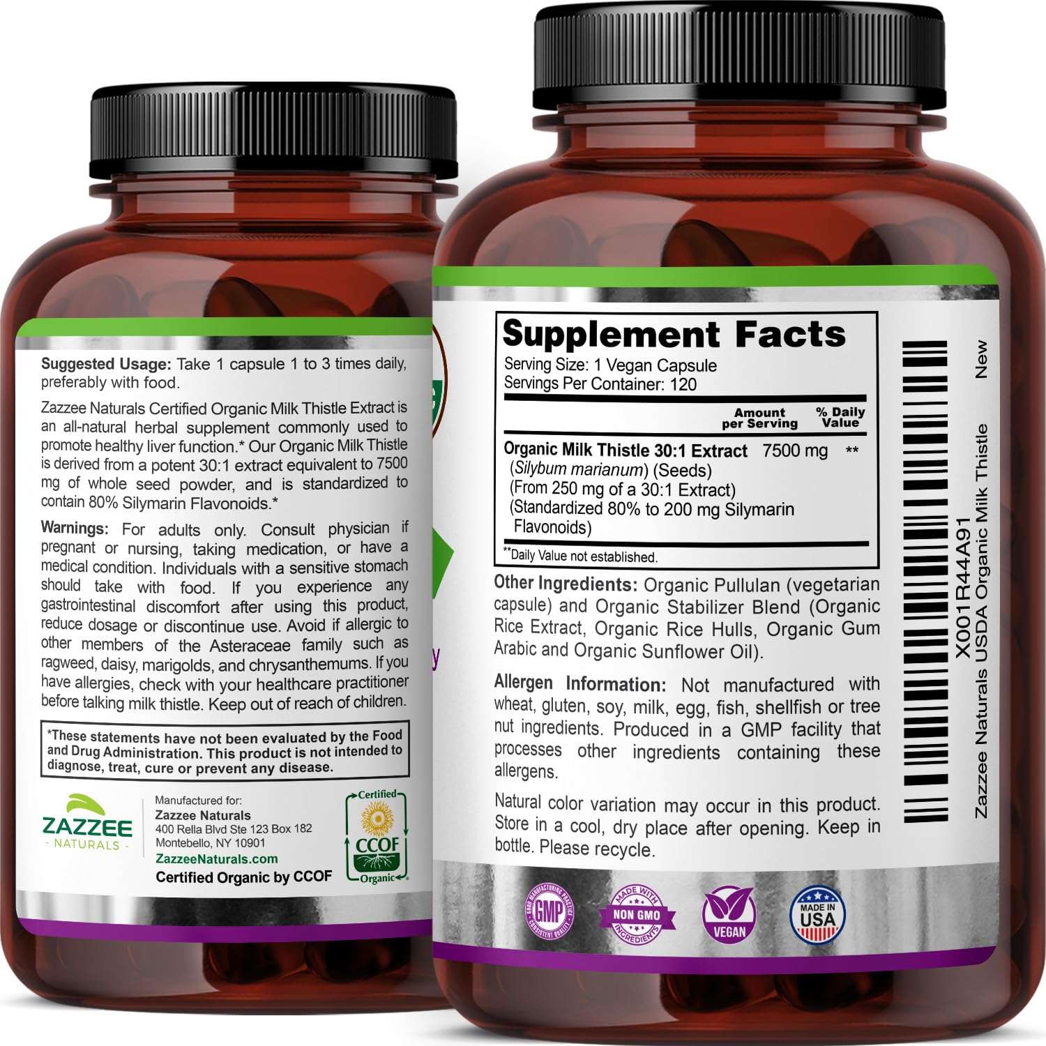 Zazzee brown supplement bottles showing supplement facts and vegan logo organic milk thistle capsules 120 count