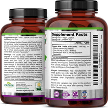 Organic milk thistle extract capsules bottles showing back label and Supplement Facts panel
