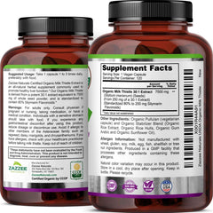 Zazzee brown supplement bottles showing supplement facts and vegan logo organic milk thistle capsules 120 count