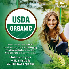 Smiling woman gardening beside USDA Organic seal promoting organic milk thistle capsules from Zazzee Naturals